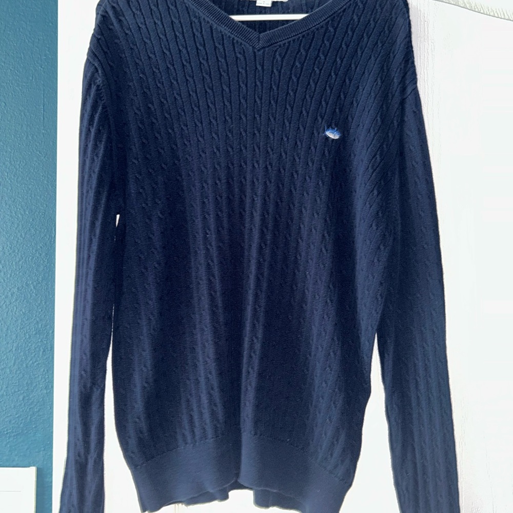 Southern Tide Navy Cable Knit V-Neck Sweater